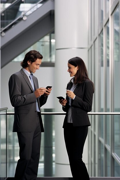 Photo a man and a woman are looking at their phones