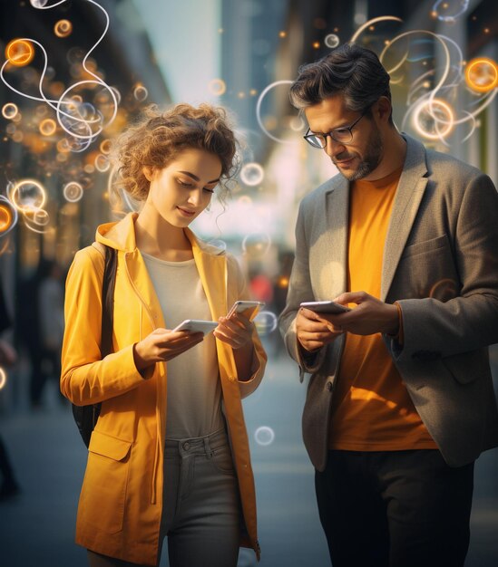 A man and a woman are looking at their smartphones on the street