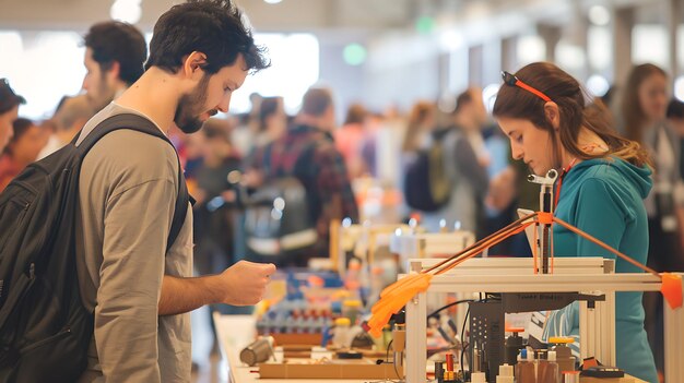 Photo a man and a woman are looking at a toy game