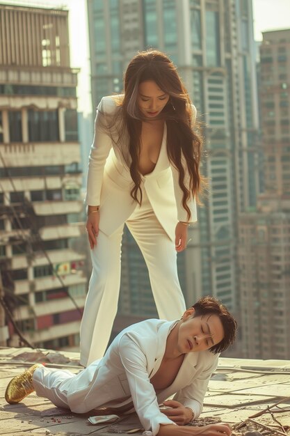 A man and a woman are lying on the ground in front of a building