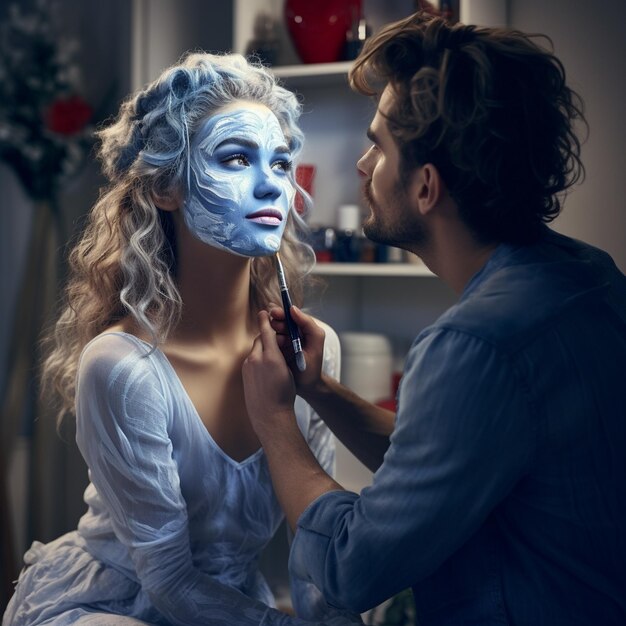 Photo a man and woman are painted in white and the face of a woman is painted in blue.