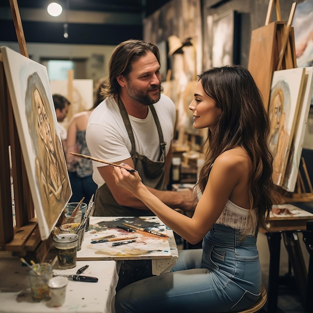 Foto un uomo e una donna stanno dipingendo su tela in uno studio.