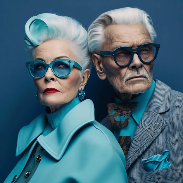 A man and woman are posing for a photo with blue glasses.