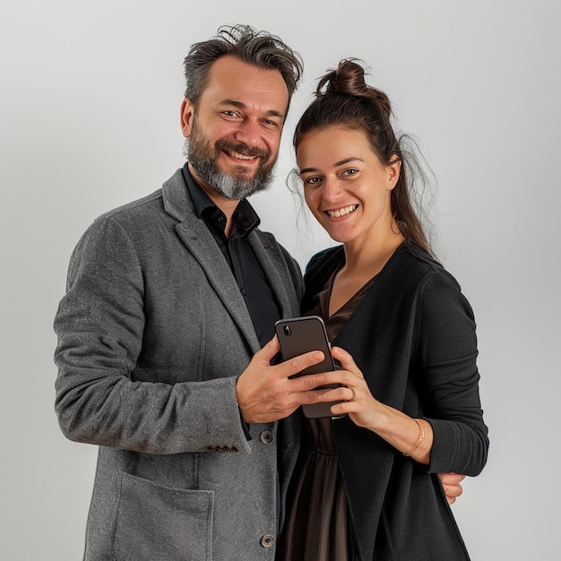 a man and woman are posing for a photo with a cell phone