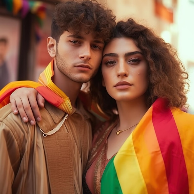 A man and a woman are posing for a photo with a rainbow flag on their shoulders.