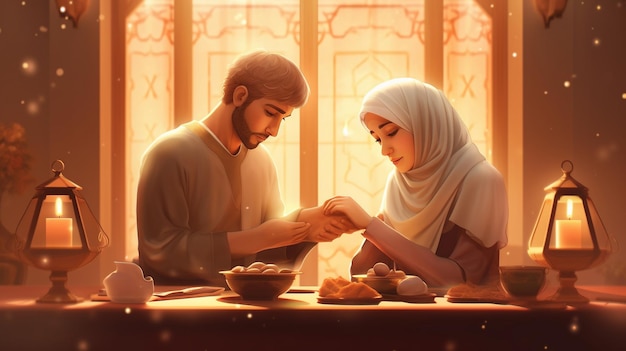 A man and woman are praying at a table, the man is holding hands and the woman is holding the hands of another man.