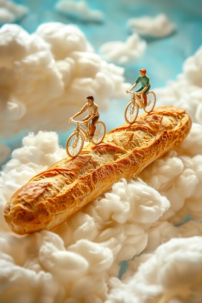 A man and a woman are riding bicycles on a long piece of bread