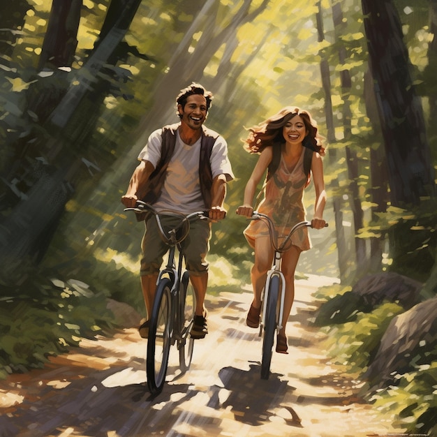 A man and woman are riding bicycles on a winding road through a lush forest