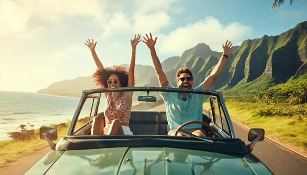 a man and a woman are riding in a convertible car