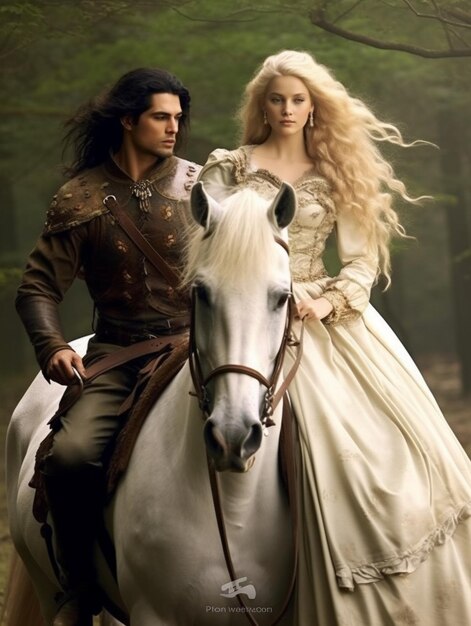 A man and woman are riding a horse in a forest