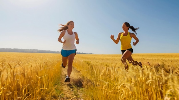 a man and woman are running in a field with yellow flowers