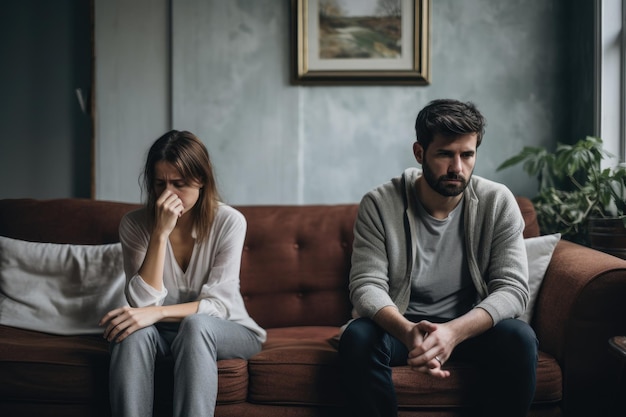 Photo a man and a woman are seated on a couch engaged in conversation and enjoying each others company sad pensive couple thinking of relationships problems sitting on sofa ai generated