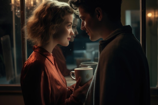 A man and woman are seen standing next to each other side by side An intimate moment between a couple captured in the reflection of a coffee cup AI Generated