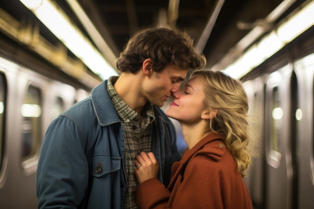 A man and a woman are seen standing side by side on a subway station platform An unexpected romantic moment between a couple in a crowded subway train AI Generated