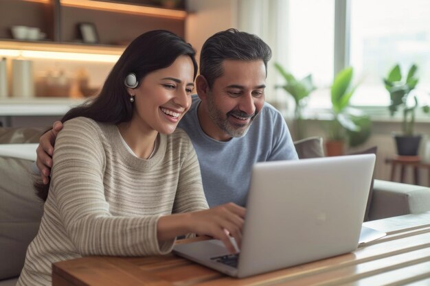 Foto un uomo e una donna stanno condividendo un sorriso mentre guardano un portatile sul divano