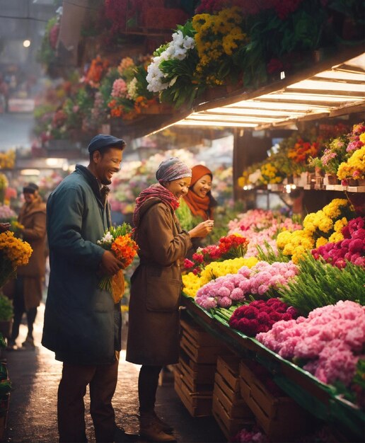 Foto un uomo e una donna stanno facendo acquisti in un mercato dei fiori