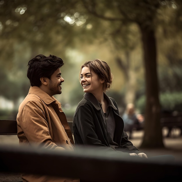 A man and woman are sitting on a bench and smiling.