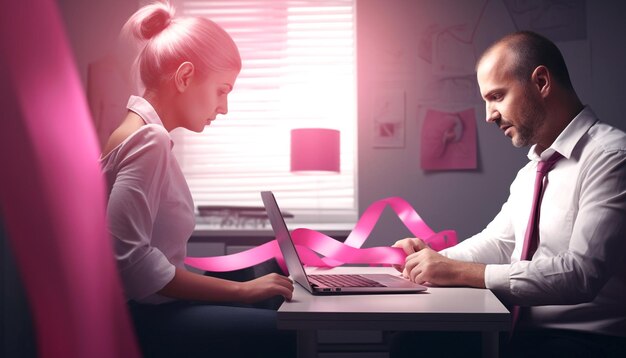 a man and a woman are sitting at a desk with a laptop