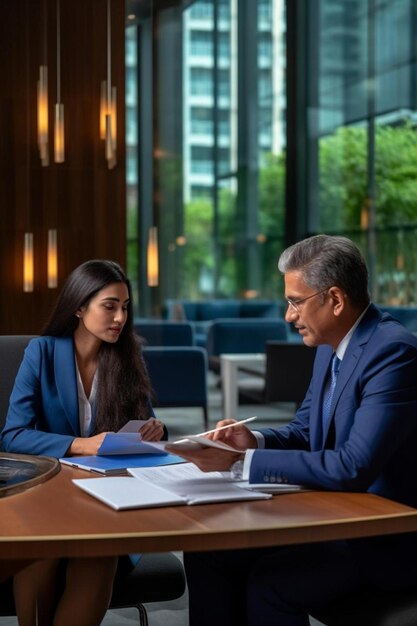 a man and woman are sitting at a desk with papers and a sign that says  at the top