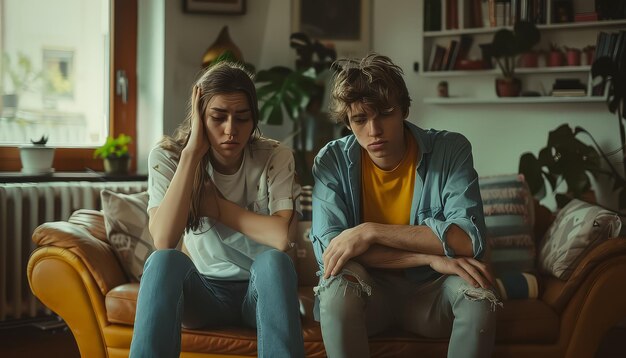 A man and a woman are sitting next to each other after argument