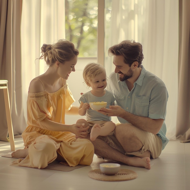 Photo a man and a woman are sitting on the floor with a baby and a lamp