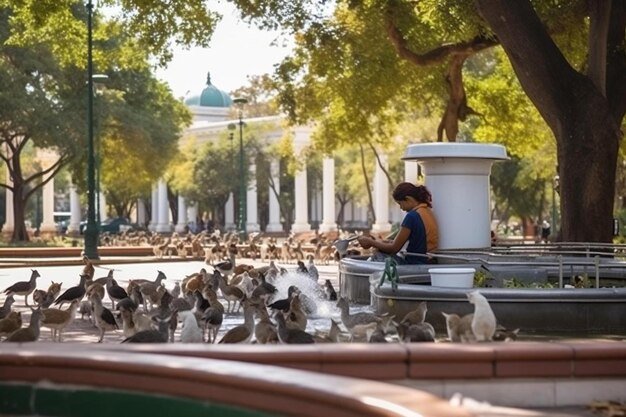 a man and a woman are sitting on a fountain with pigeons