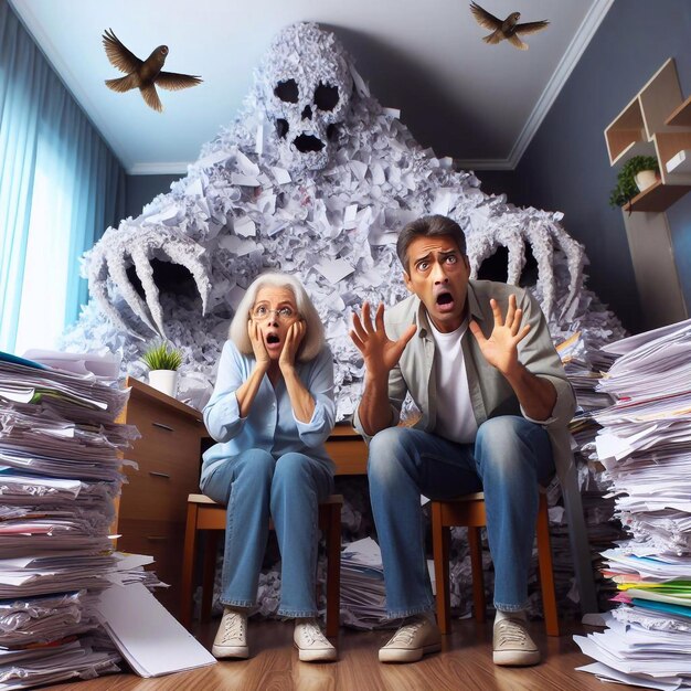 Photo a man and a woman are sitting in front of a pile of papers with a ghost behind them