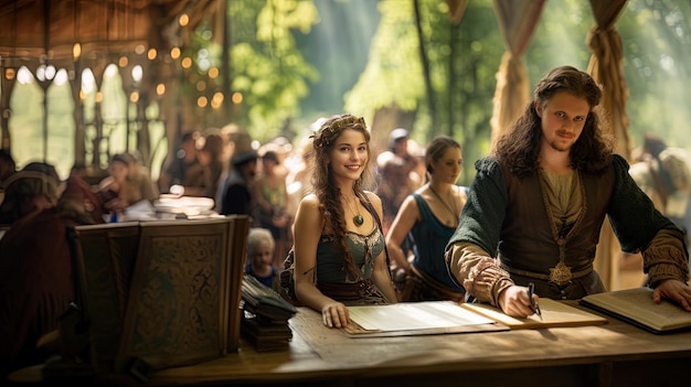 Photo a man and woman are sitting in front of a stage with a sign that says  the word