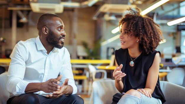 Photo a man and a woman are sitting in a modern office space talking and smiling