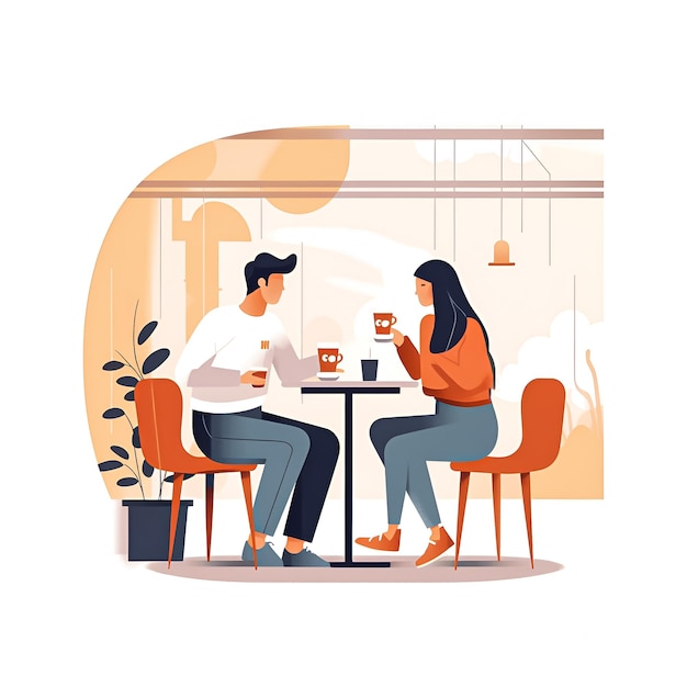 A man and a woman are sitting at a table and drinking coffee.