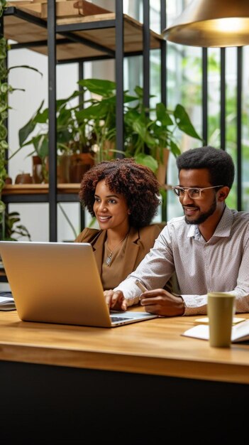 Photo a man and a woman are sitting at a table with a laptop