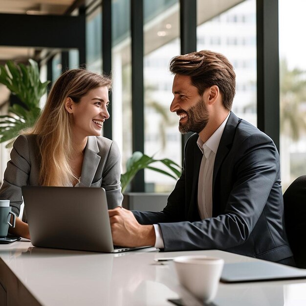 a man and woman are sitting at a table with laptops and a coffee mug behind them