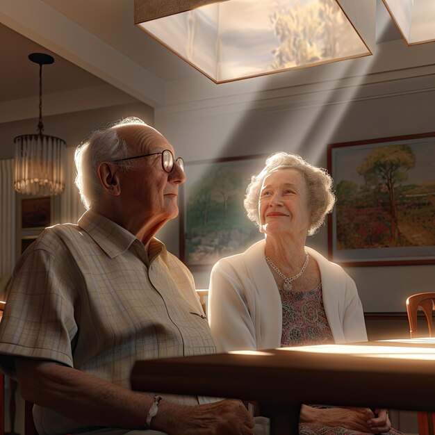 Photo a man and a woman are sitting at a table with a light shining through the ceiling.