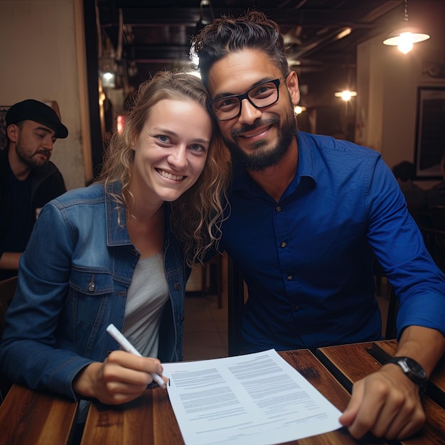 Photo a man and a woman are sitting at a table with a paper that says 