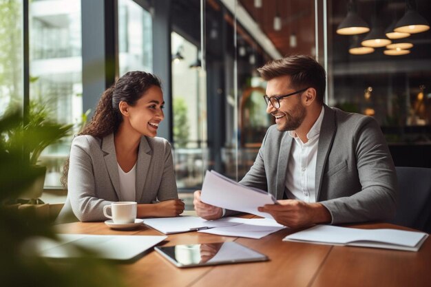 Photo a man and woman are sitting at a table with papers and a laptop