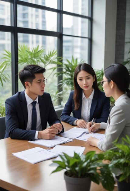 Photo a man and woman are sitting at a table with papers and a woman in a suit