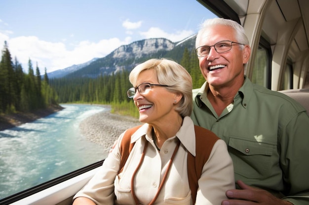 a man and a woman are sitting on a train