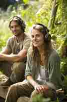 Photo a man and a woman are sitting in the woods