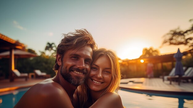 A man and a woman are smiling by a pool