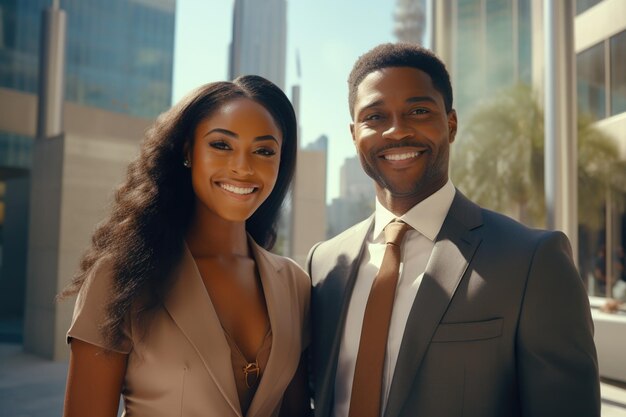 Man and woman are smiling for camera in front of building