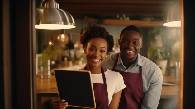 Photo man and woman are smiling and holding tablet