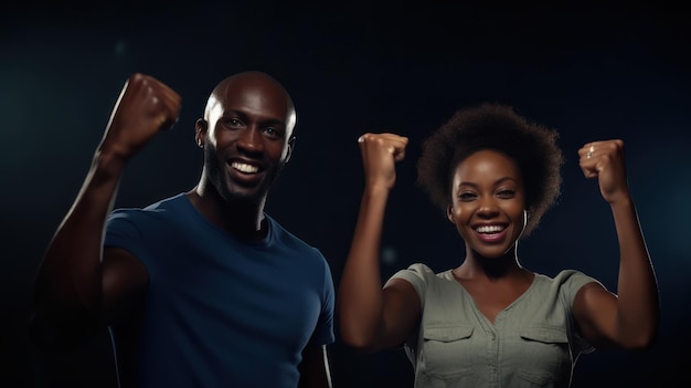 A man and a woman are smiling and holding their fists up in the air.