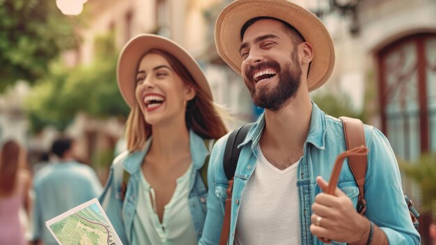 Photo a man and woman are smiling and laughing