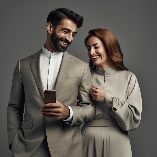 A man and a woman are smiling and looking at a phone.