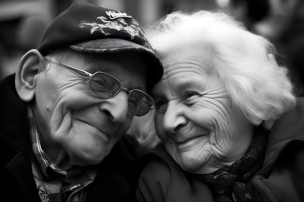 A man and a woman are smiling and the man is wearing a hat that says'i love you '