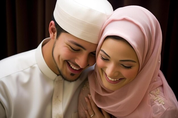 a man and woman are smiling and one of them is wearing a pink hijab