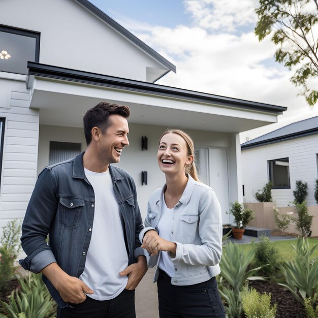a man and woman are smiling outside a house