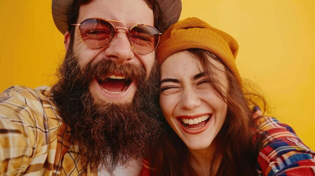 Photo man and woman are smiling and posing for picture