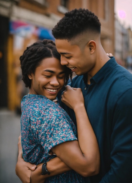 Photo a man and woman are smiling and smiling