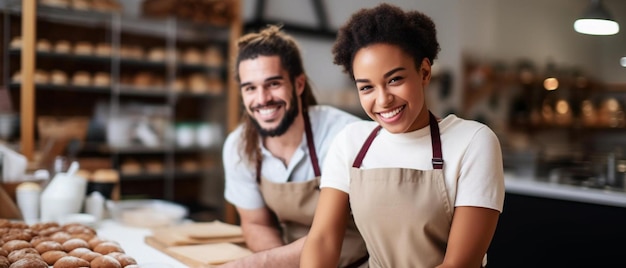 Photo a man and woman are smiling at a table in a bakery